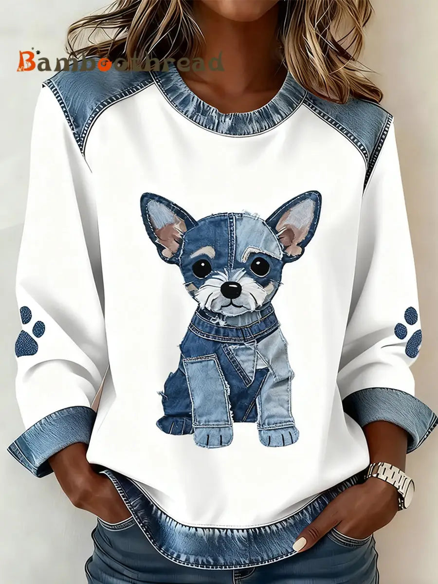 Women’s Retro Animal Art Print Comfortable Denim Patchwork Sweatshirt A / S