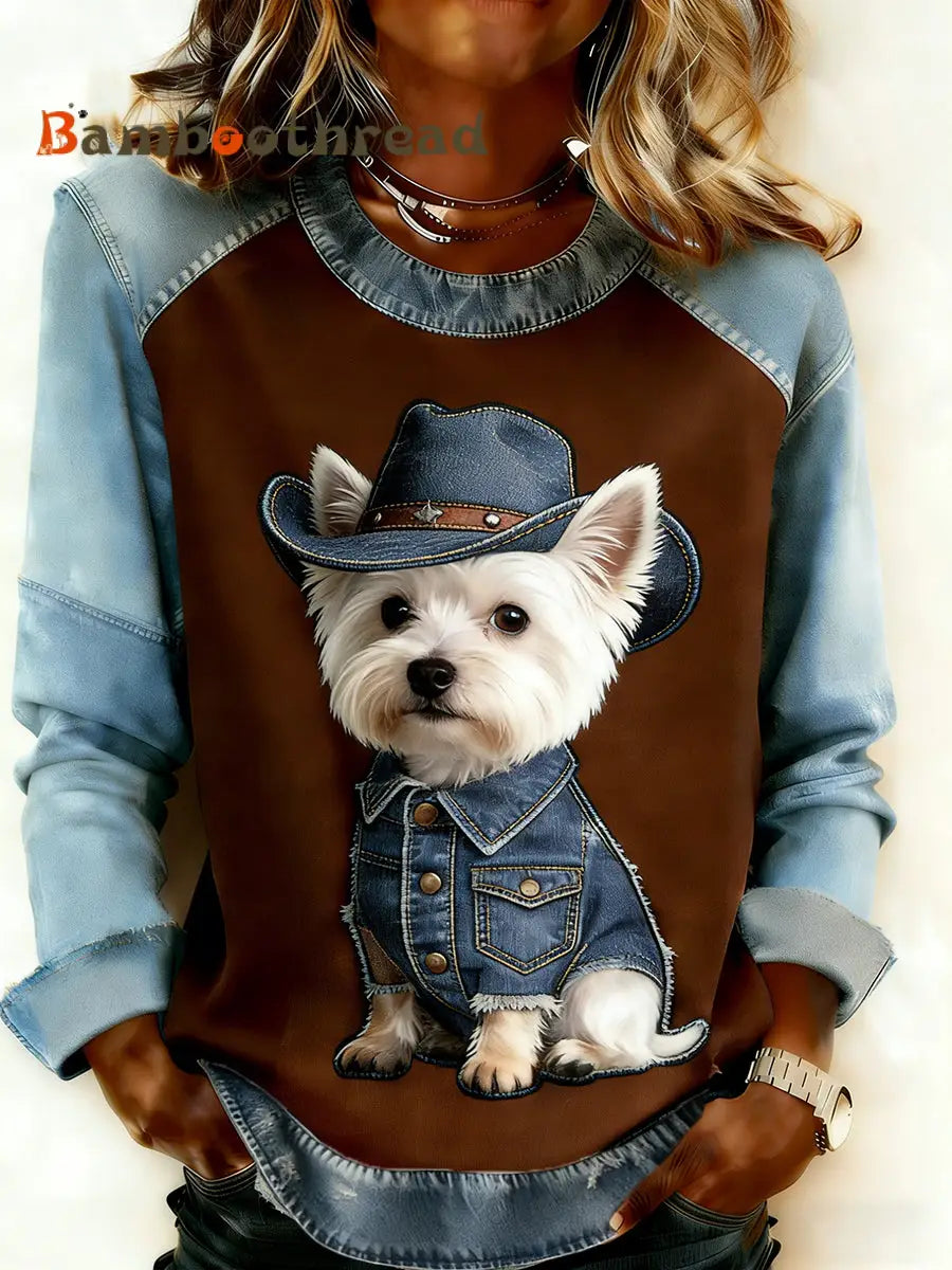 Women’s Retro Animal Art Print Comfortable Denim Patchwork Sweatshirt A / S