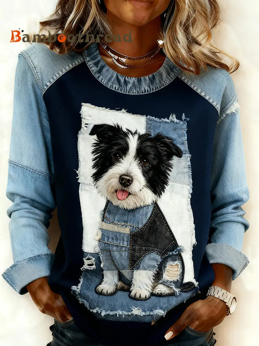 Women’s Retro Animal Art Print Comfortable Denim Patchwork Sweatshirt A / S
