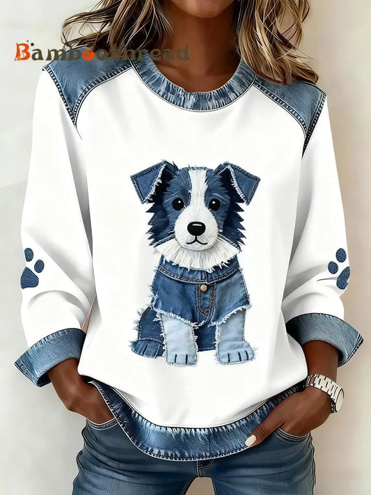 Women’s Retro Animal Art Print Comfortable Denim Patchwork Sweatshirt A / S