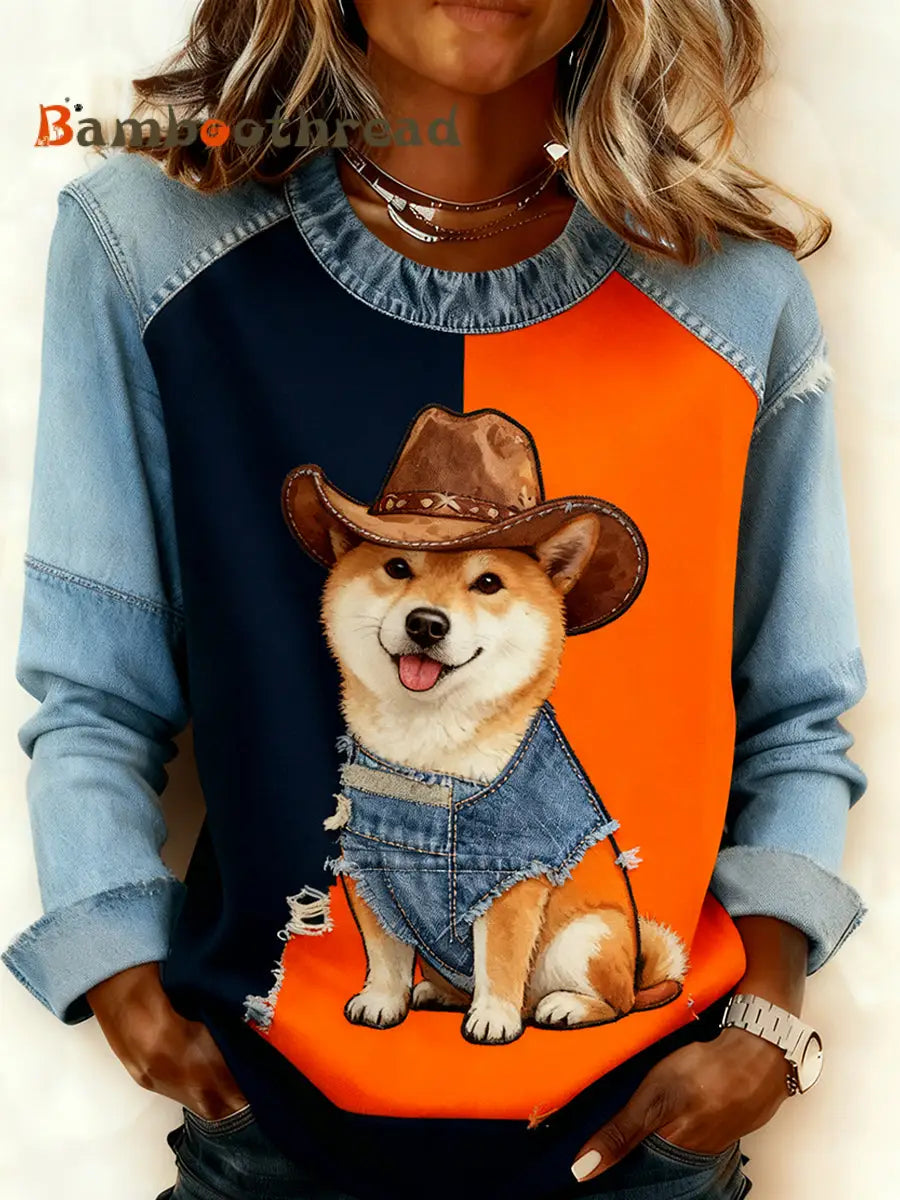 Women’s Retro Animal Art Print Comfortable Denim Patchwork Sweatshirt A / S