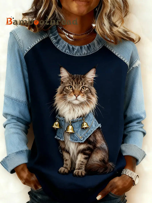Women’s Retro Animal Art Print Comfortable Denim Patchwork Sweatshirt A / S