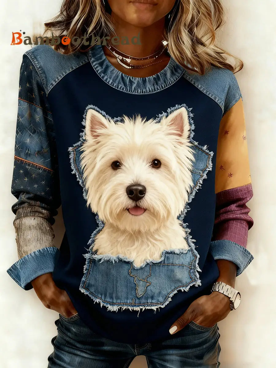 Women’s Retro Animal Art Print Comfortable Denim Patchwork Sweatshirt A / S