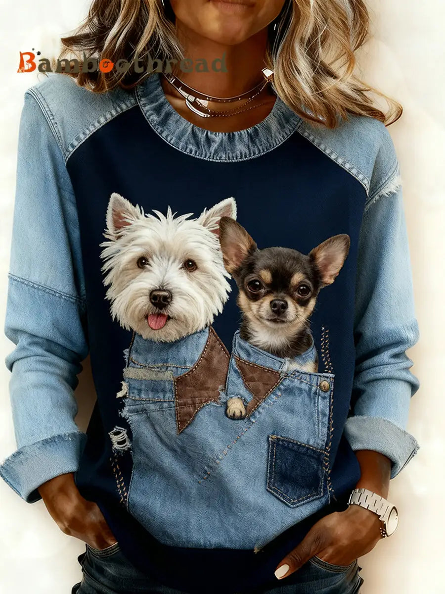 Women’s Retro Animal Art Print Comfortable Denim Patchwork Sweatshirt A / S