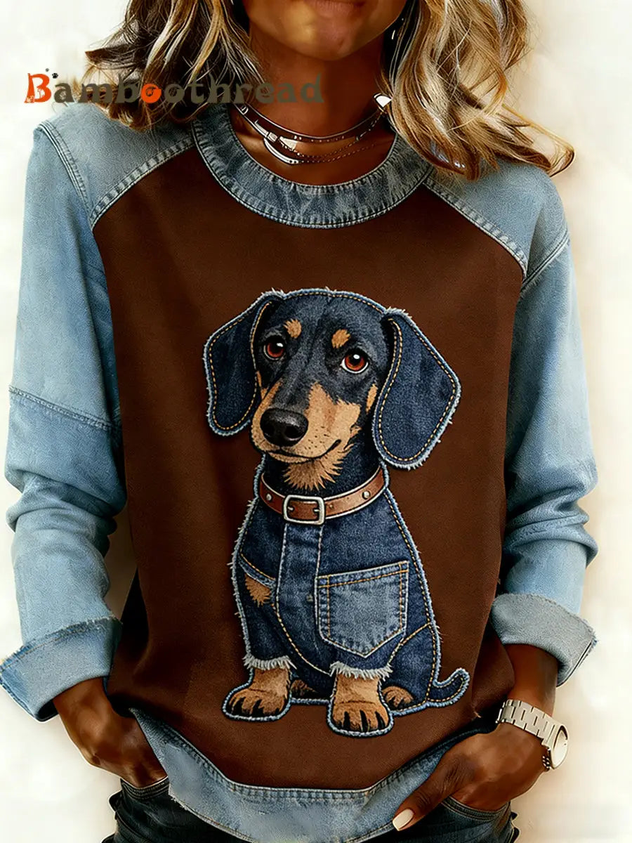Women’s Retro Animal Art Print Comfortable Denim Patchwork Sweatshirt A / S