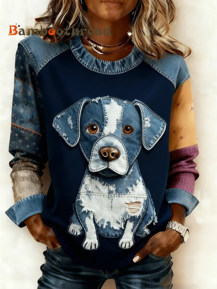 Women’s Retro Animal Art Print Comfortable Denim Patchwork Sweatshirt A / S