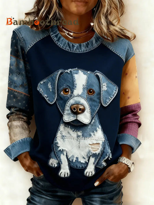 Women’s Retro Animal Art Print Comfortable Denim Patchwork Sweatshirt A / S