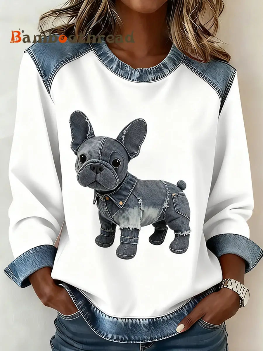 Women’s Retro Animal Art Print Comfortable Denim Patchwork Sweatshirt A / S