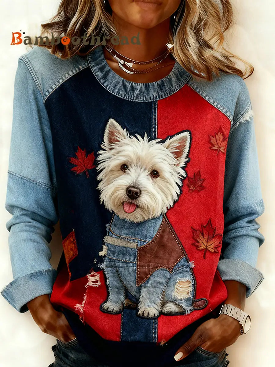 Women’s Retro Animal Art Print Comfortable Denim Patchwork Sweatshirt A / S