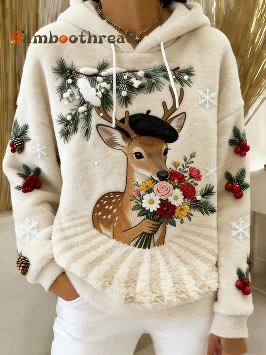 Women’s Retro Animal Art Print Comfortable Flannel Hooded Sweatshirt