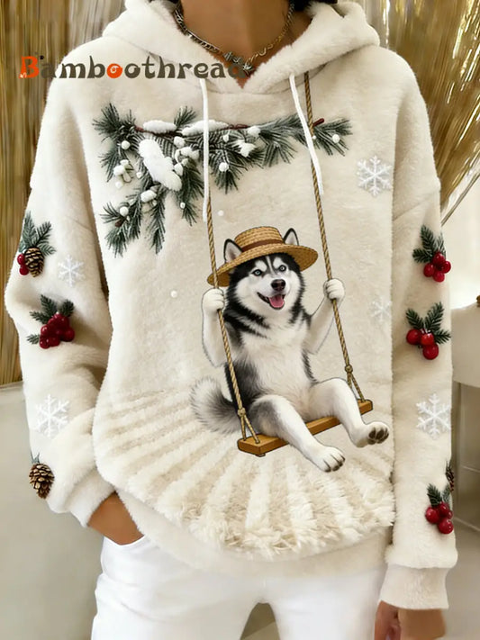 Women’s Retro Animal Art Print Comfortable Flannel Hooded Sweatshirt A / S