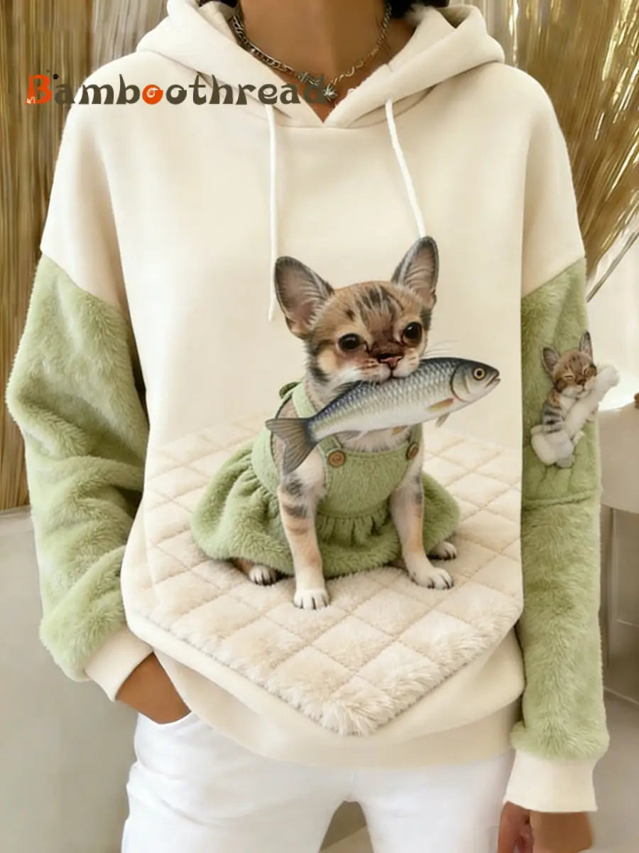 Women’s Retro Animal Art Print Comfortable Flannel Hooded Sweatshirt A / S