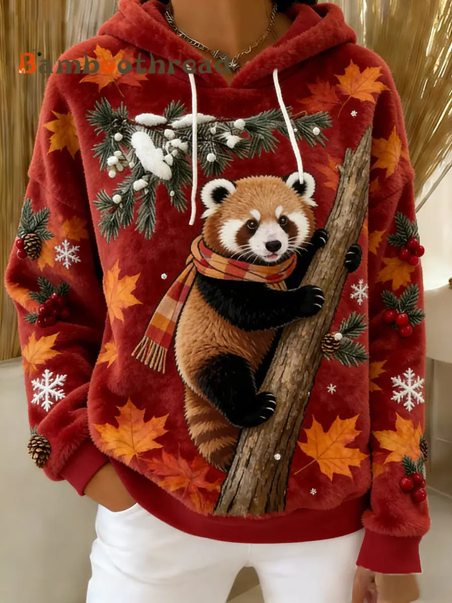 Women’s Retro Animal Art Print Comfortable Flannel Hooded Sweatshirt A / S