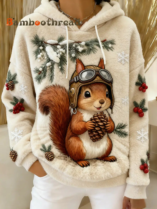 Women’s Retro Animal Art Print Comfortable Flannel Hooded Sweatshirt A / S