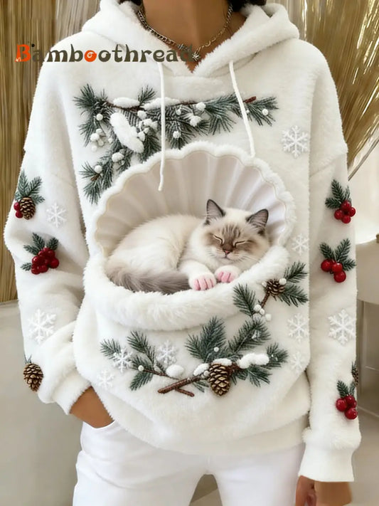 Women’s Retro Animal Art Print Comfortable Flannel Hooded Sweatshirt A / S