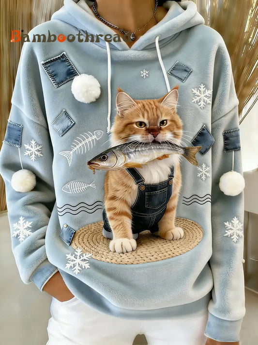 Women’s Retro Animal Art Print Comfortable Flannel Hooded Sweatshirt A / S