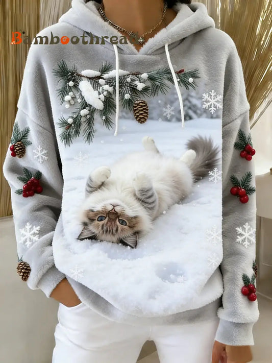 Women’s Retro Animal Art Print Comfortable Flannel Hooded Sweatshirt A / S