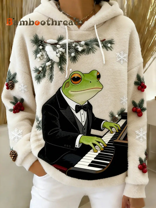 Women’s Retro Animal Art Print Comfortable Flannel Hooded Sweatshirt A / S