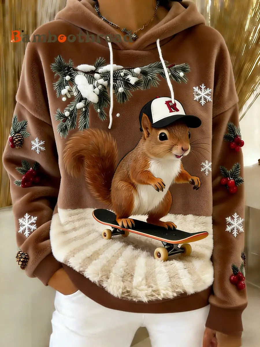 Women’s Retro Animal Art Print Comfortable Flannel Hooded Sweatshirt B / S