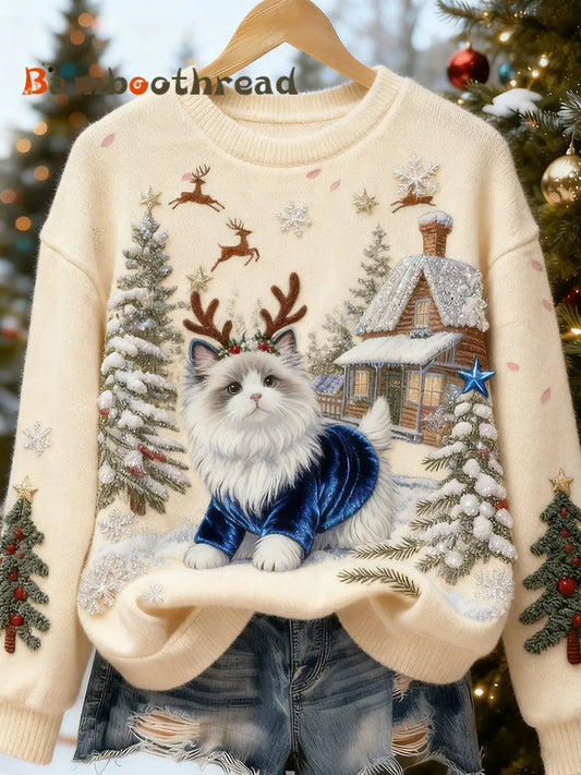 Women’s Retro Animal Christmas Art Print Casual Flannel Top A / S