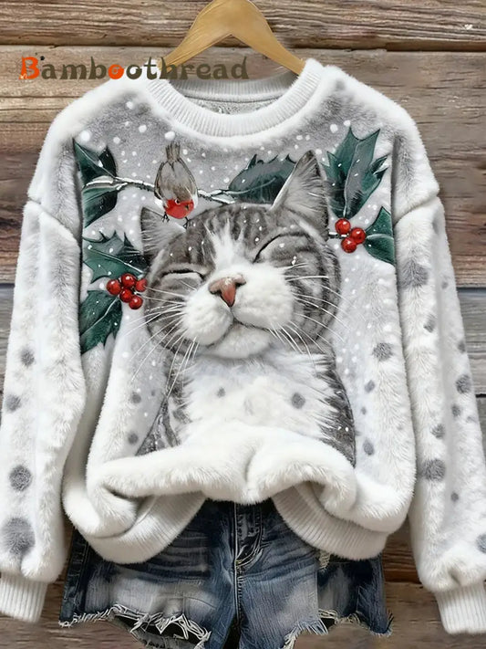 Women’s Retro Animal Christmas Art Print Casual Flannel Top A / S