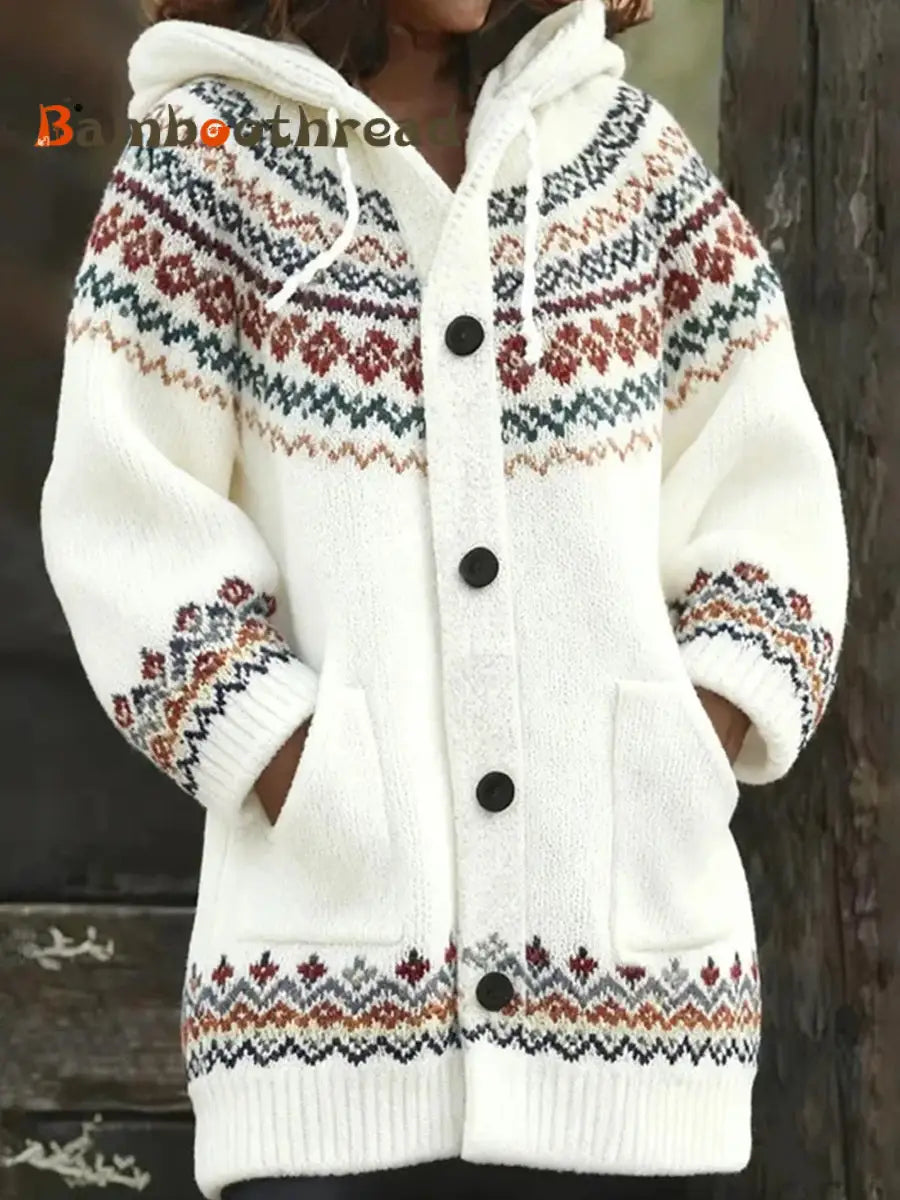 Women’s Retro Christmas Art Print Casual Midi Hooded Cardigan A / S