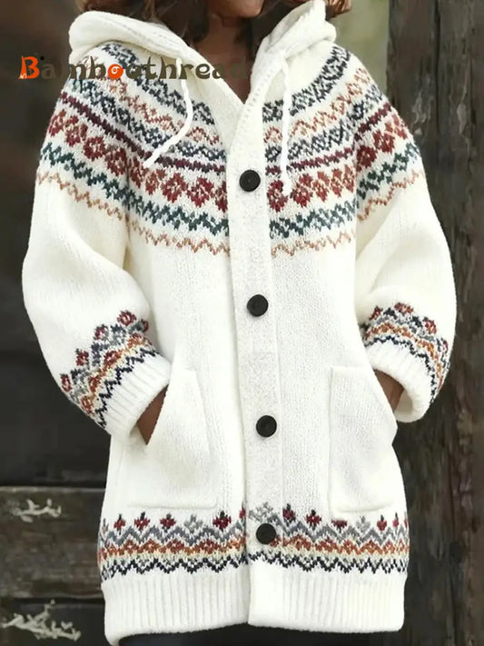 Women’s Retro Christmas Art Print Casual Midi Hooded Cardigan A / S