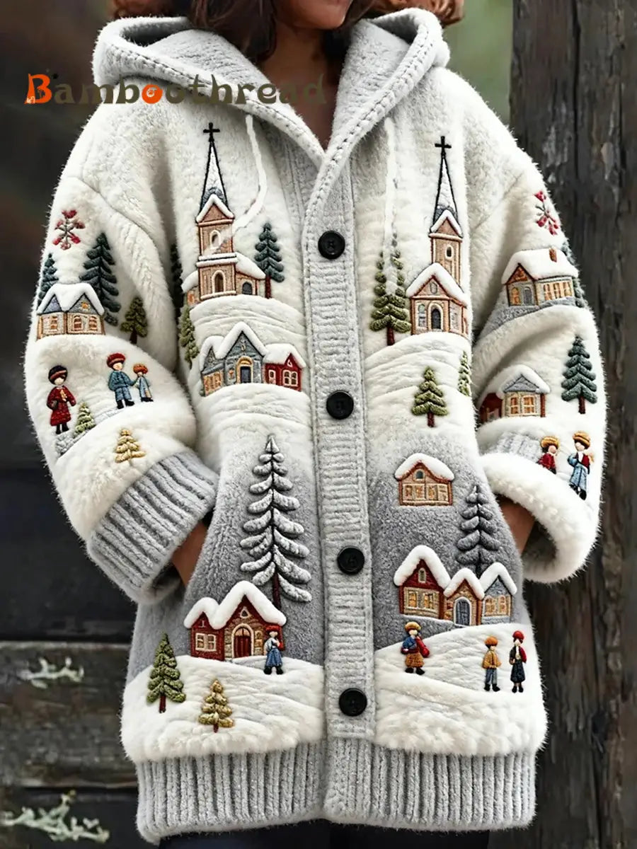 Women’s Retro Christmas Art Print Casual Midi Hooded Cardigan A / S