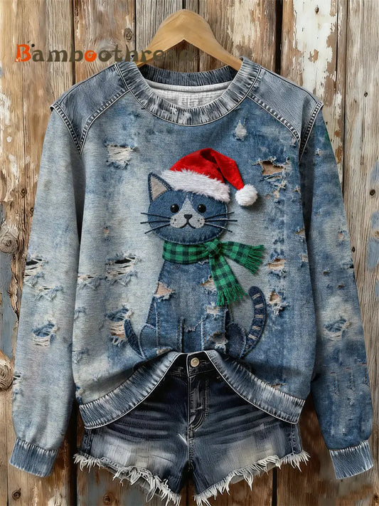 Women’s Retro Christmas Denim Cat Print Sweatshirt As picture / S