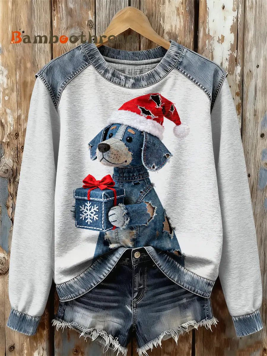 Women’s Retro Christmas Denim Dog Print Sweatshirt As picture / S