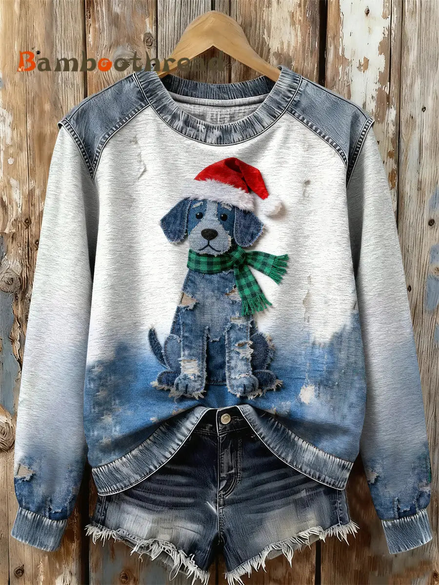 Women’s Retro Christmas Denim Dog Print Sweatshirt As picture / S