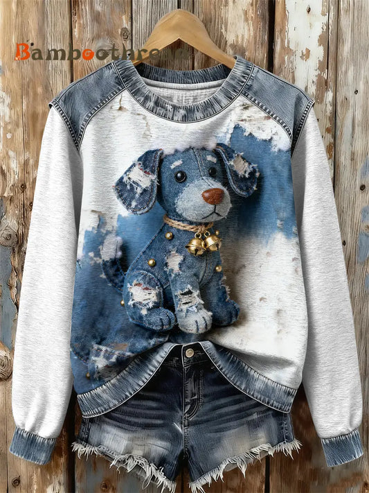 Women’s Retro Christmas Denim Dog Print Sweatshirt As picture / S