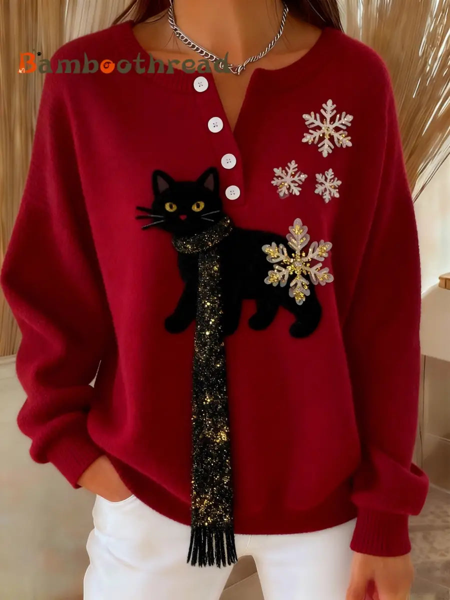 Women’s Retro Christmas Fuzzy Adorable Fun Scarf Cat Print Long-sleeve Sweater Red / S