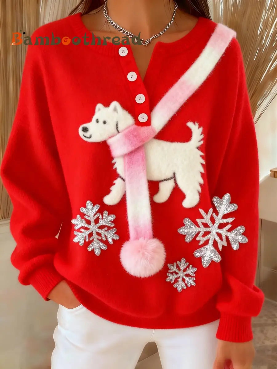 Women’s Retro Christmas Fuzzy Adorable Fun Scarf Dog Print Long-sleeve Sweater Red / S