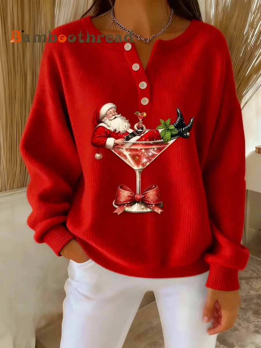 Women’s Retro Christmas Santa Claus Cocktail Print Long-sleeve Sweater Red / S