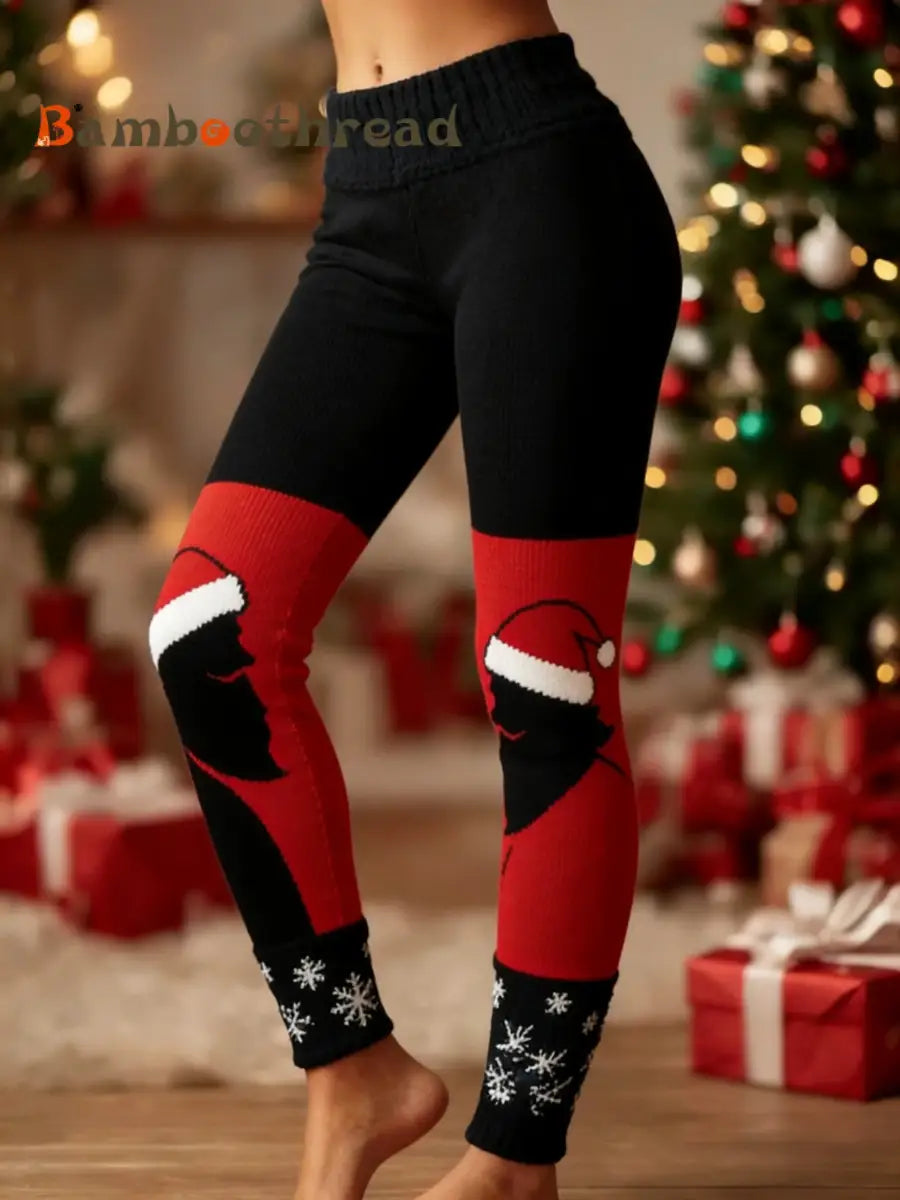 Women’s Retro Christmas Santa Fun Art Patchwork Sports Stretch Leggings Black / S
