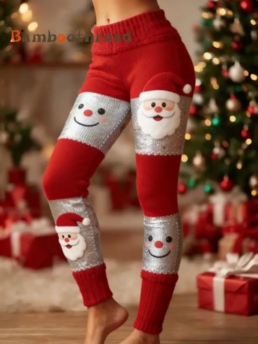 Women’s Retro Christmas Santa Fun Art Patchwork Sports Stretch Leggings Red / S