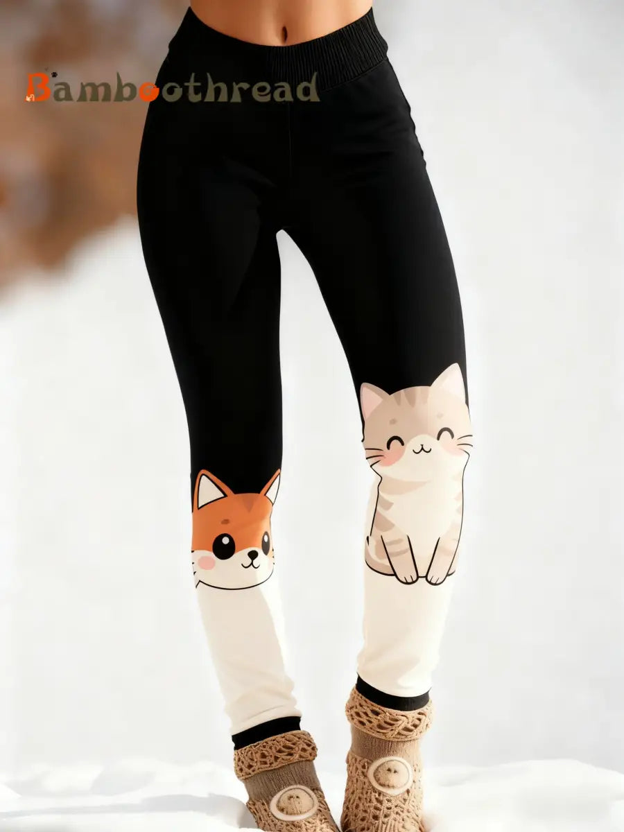 Women’s Retro Cute Animal Cat Abstract Print Casual Leggings Black / S