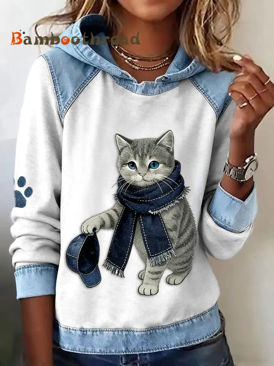 Women’s Retro Cute Animal Cat Cowboy Patchwork Casual Hooded Sweatshirt White / S