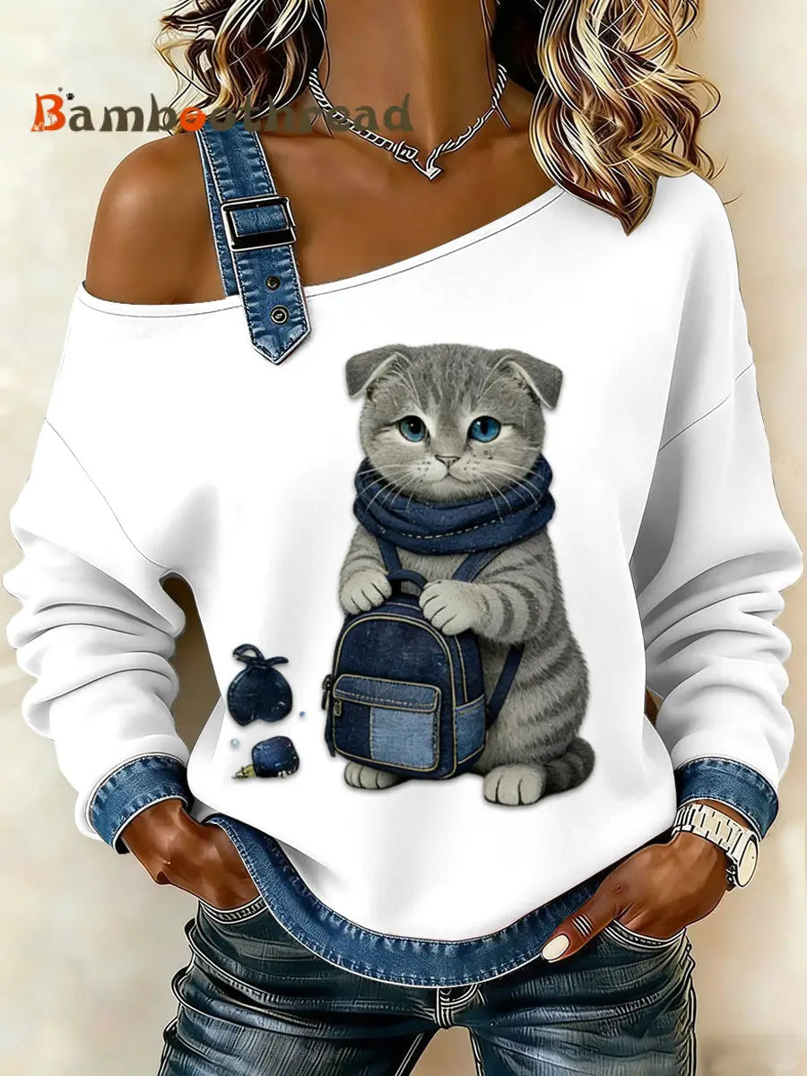Women’s Retro Cute Animal Cat Cowboy Patchwork Casual Long Sleeve Top White / S