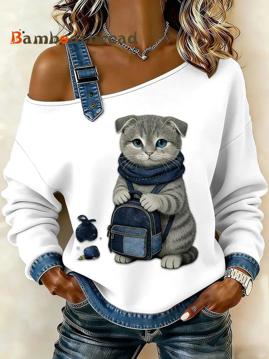 Women’s Retro Cute Animal Cat Cowboy Patchwork Casual Long Sleeve Top White / S