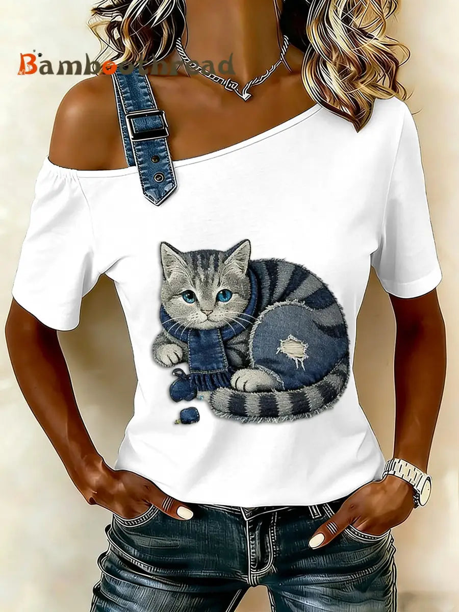 Women’s Retro Cute Animal Cat Cowboy Patchwork Casual Short-Sleeve T-Shirt White / S