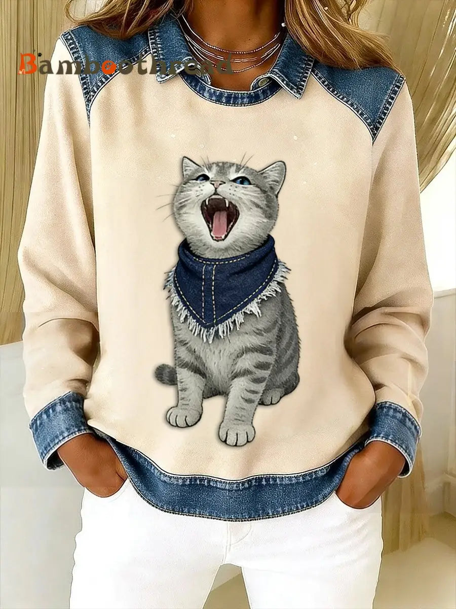 Women’s Retro Cute Animal Cat Cowboy Patchwork Casual Sweatshirt Beige / S