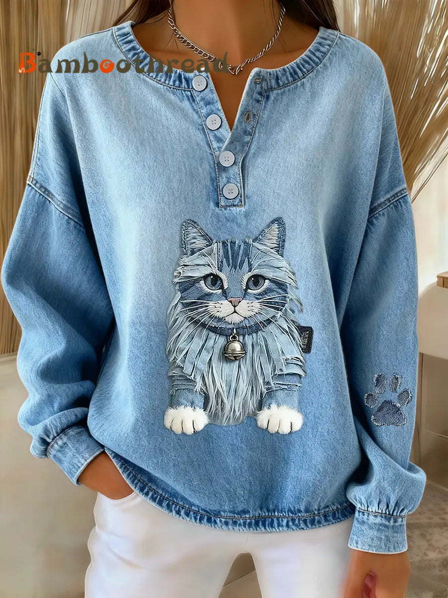 Women’s Retro Cute Cat Denim Patchwork Art Print Sweatshirt Blue / S