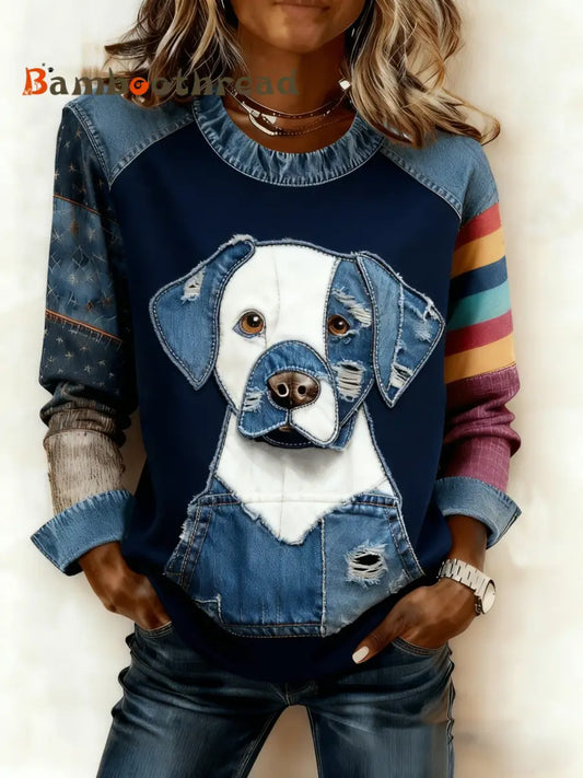 Women’s Retro Cute Dog Multicolor Denim Patchwork Print Long-Sleeved Patchwork Top Blue / S