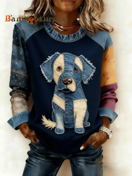 Women’s Retro Cute Dog Multicolor Denim Patchwork Print Long-Sleeved Patchwork Top Blue / S