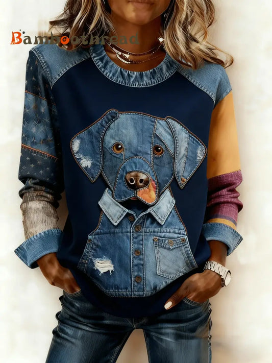 Women’s Retro Cute Dog Multicolor Denim Patchwork Print Long-Sleeved Patchwork Top Blue / S