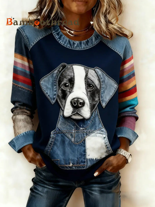Women’s Retro Cute Dog Multicolor Denim Patchwork Print Long-Sleeved Patchwork Top Blue / S