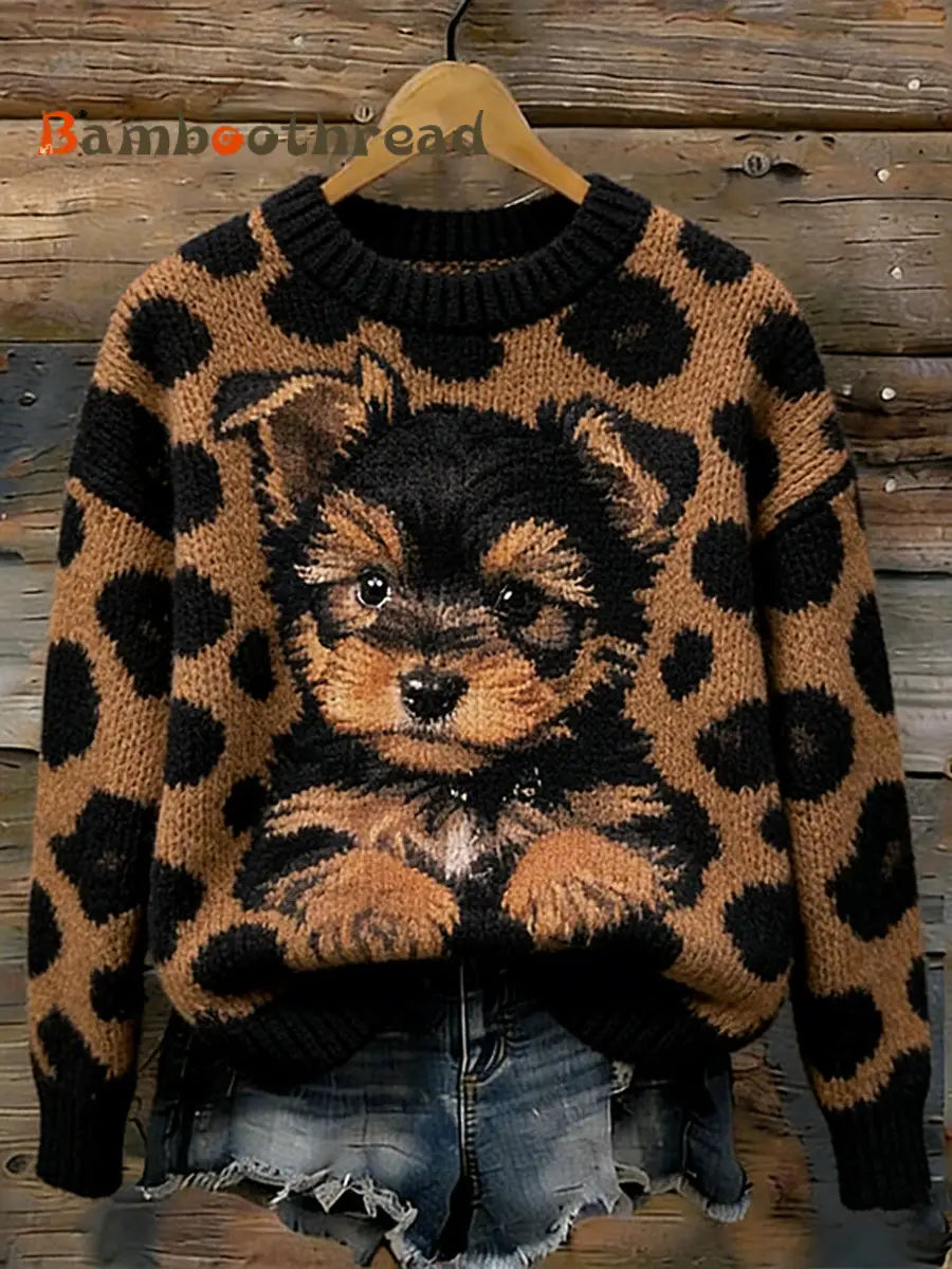 Women’s Retro Cute Puppy Pattern Round Neck Sweater As picture / S