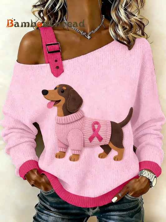 Women’s Retro Dachshund Breast Cancer Awareness Casual Knit Top Pink / S